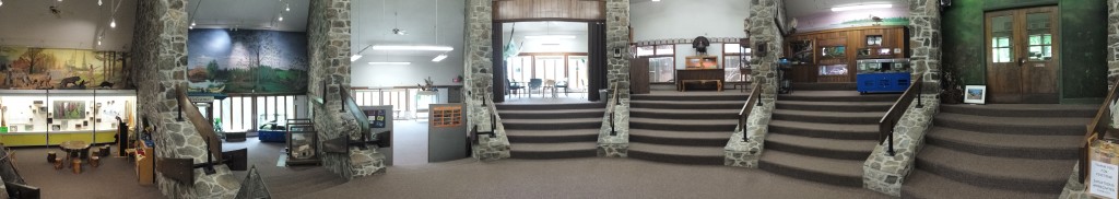 A panoramic view of the Ansonia Nature Center, showing all seven classroom / exhibit spaces at once.